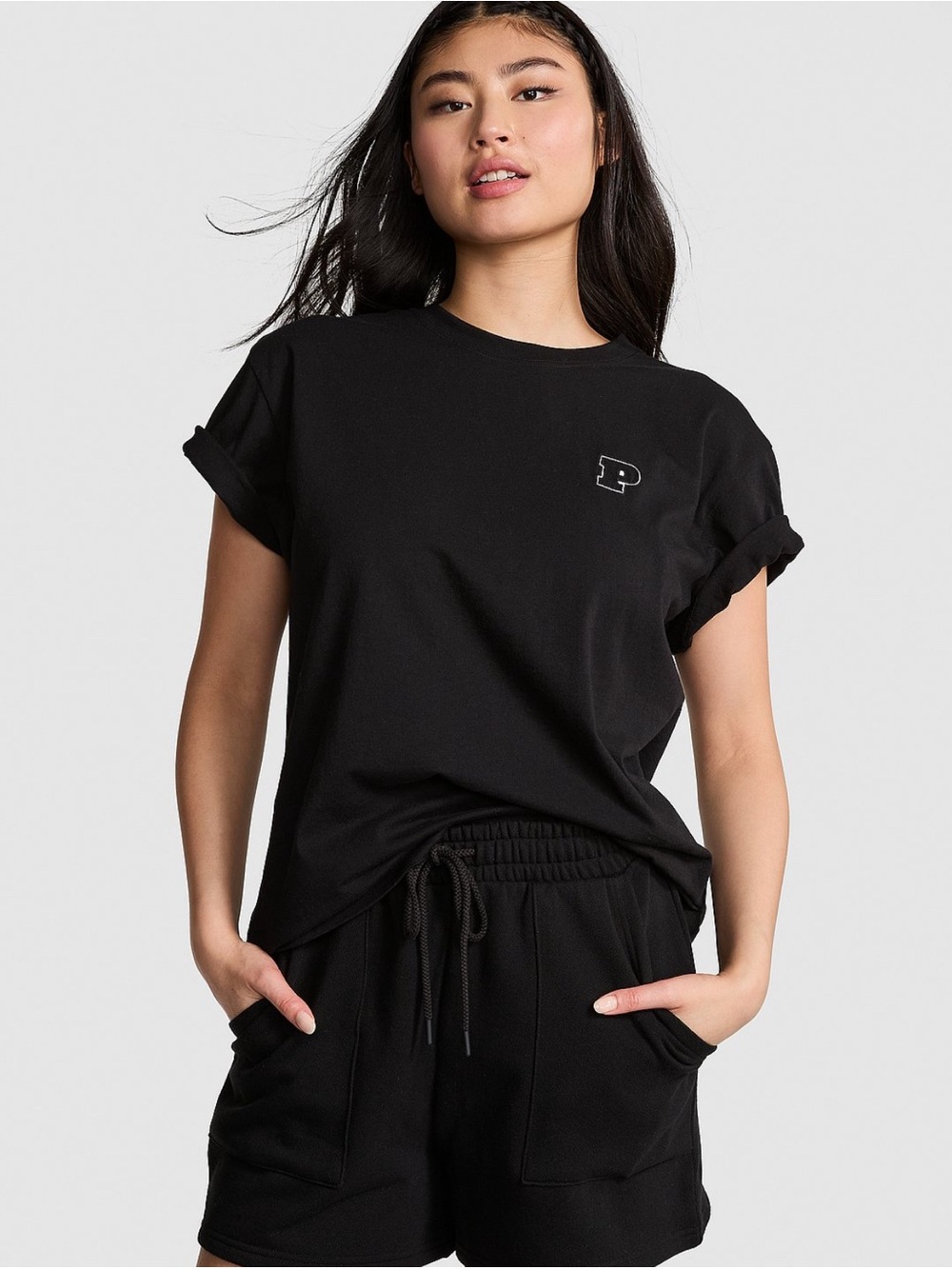 PINK Victoria's Secret Black Short-Sleeve Tee with 'P' Chest Logo